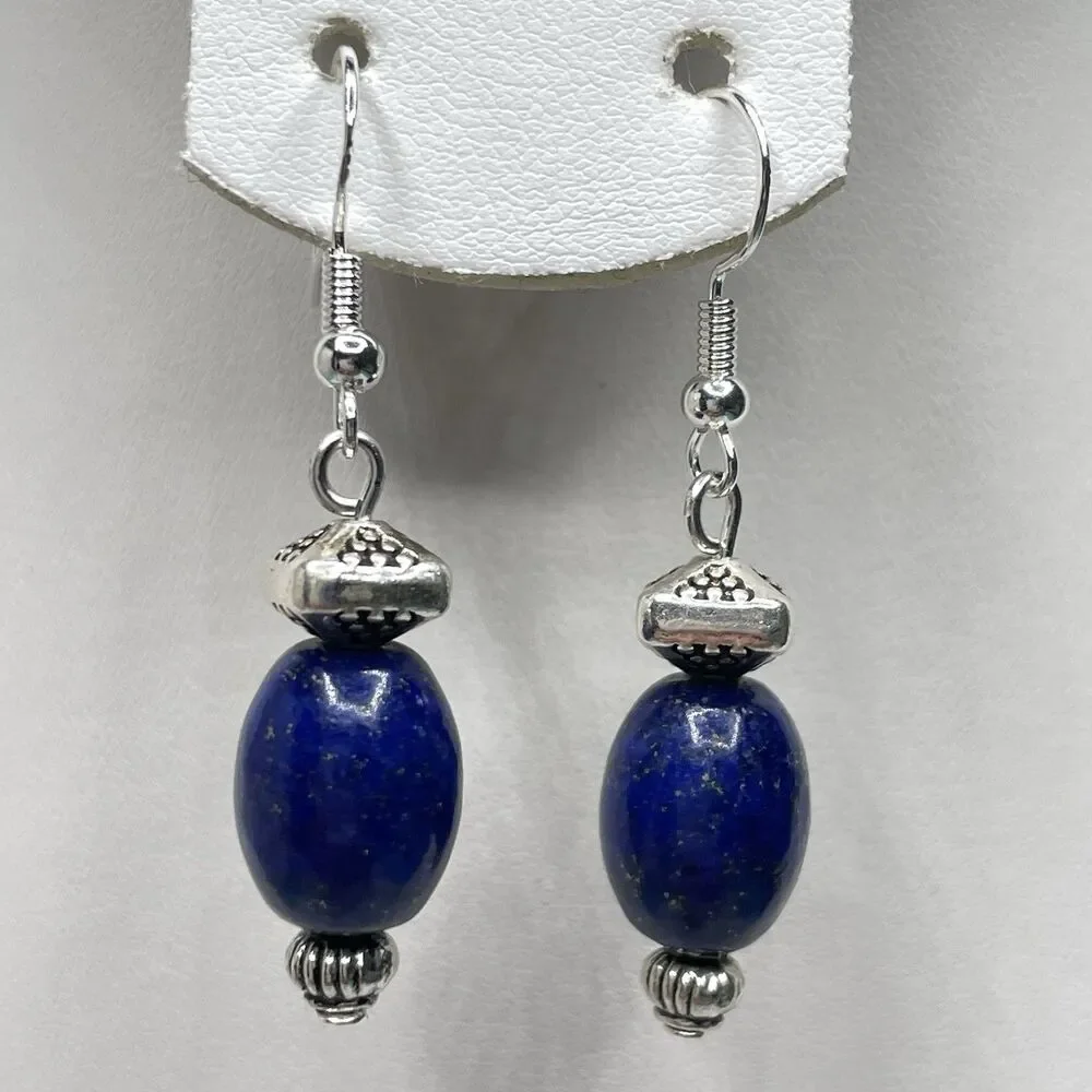 Artisan Silver Blue Lapis Lazuli Stone Beaded Dangle Earrings Boho Cute